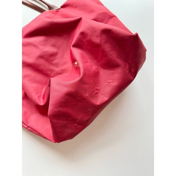 *Worn* LONGCHAMP Le Pliage Original M Red Nylon Canvas Leather Trim Tote Bag - Picture 5 of 16